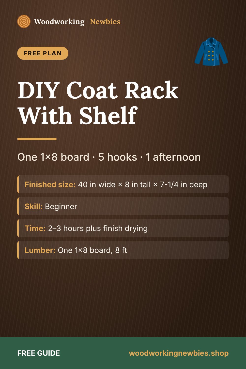DIY Coat Rack With Shelf: One 1x8 board · 5 hooks · 1 afternoon